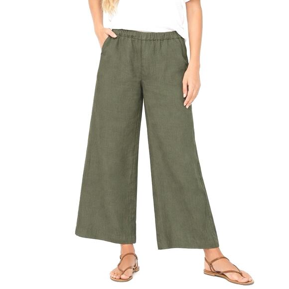 Frank & Eileen Wide Leg Linen Pull on Pant for the Getaway Size M Olive Green